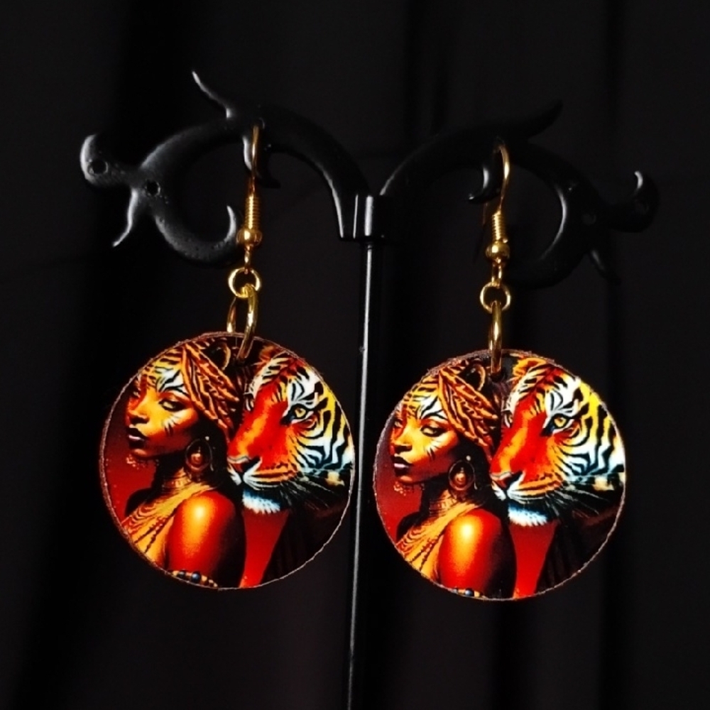 African Woman Tiger Earrings